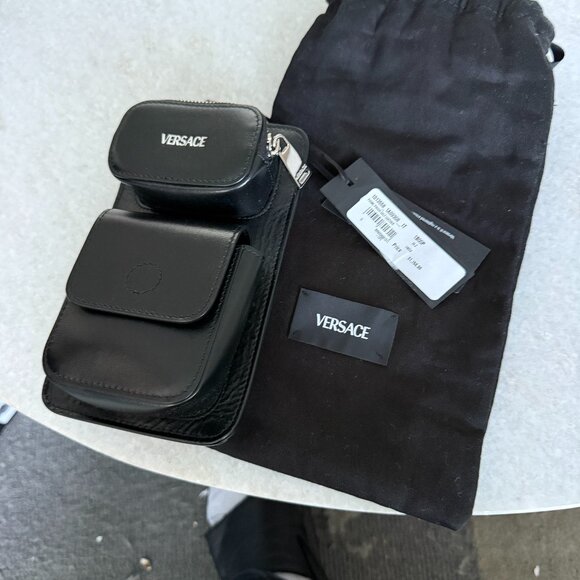 VERSACE 1013558 Black Calf Leather Phone Pouch Bag with lanyard ($1150 retail) - Picture 2 of 15